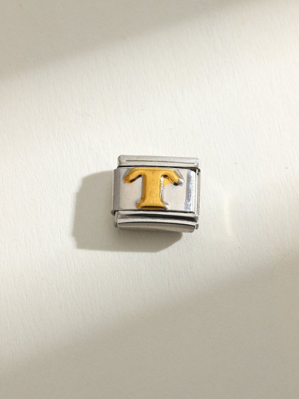 Letter T Raised Gold and Silver Initial 9mm Stainless Steel Italian Charm